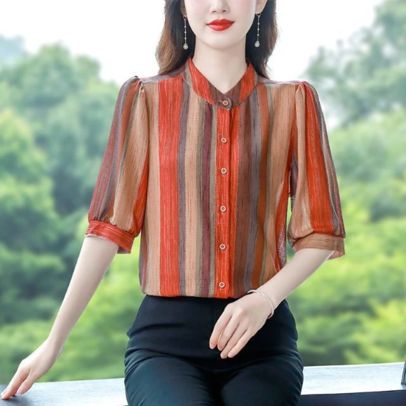 2024 Summer New High End Shirt Middle Sleeve Stripe Top Printed Mom\'s Wear Large Size Western Style Age Reducing Chiffon Shirt P