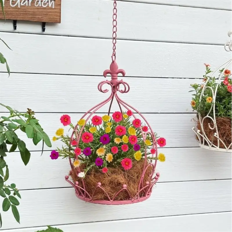 

R9UF Hanging Basket Flower Pot Courtyard Garden Balcony Decorate Pendant Metal Iron Chain Flower Basket Decoration