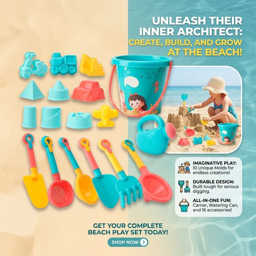 18-Piece Children's Beach Toy Set Baby Sand Digging Tools Shovels Beach Buckets Water Play Tools for Toddlers Kids