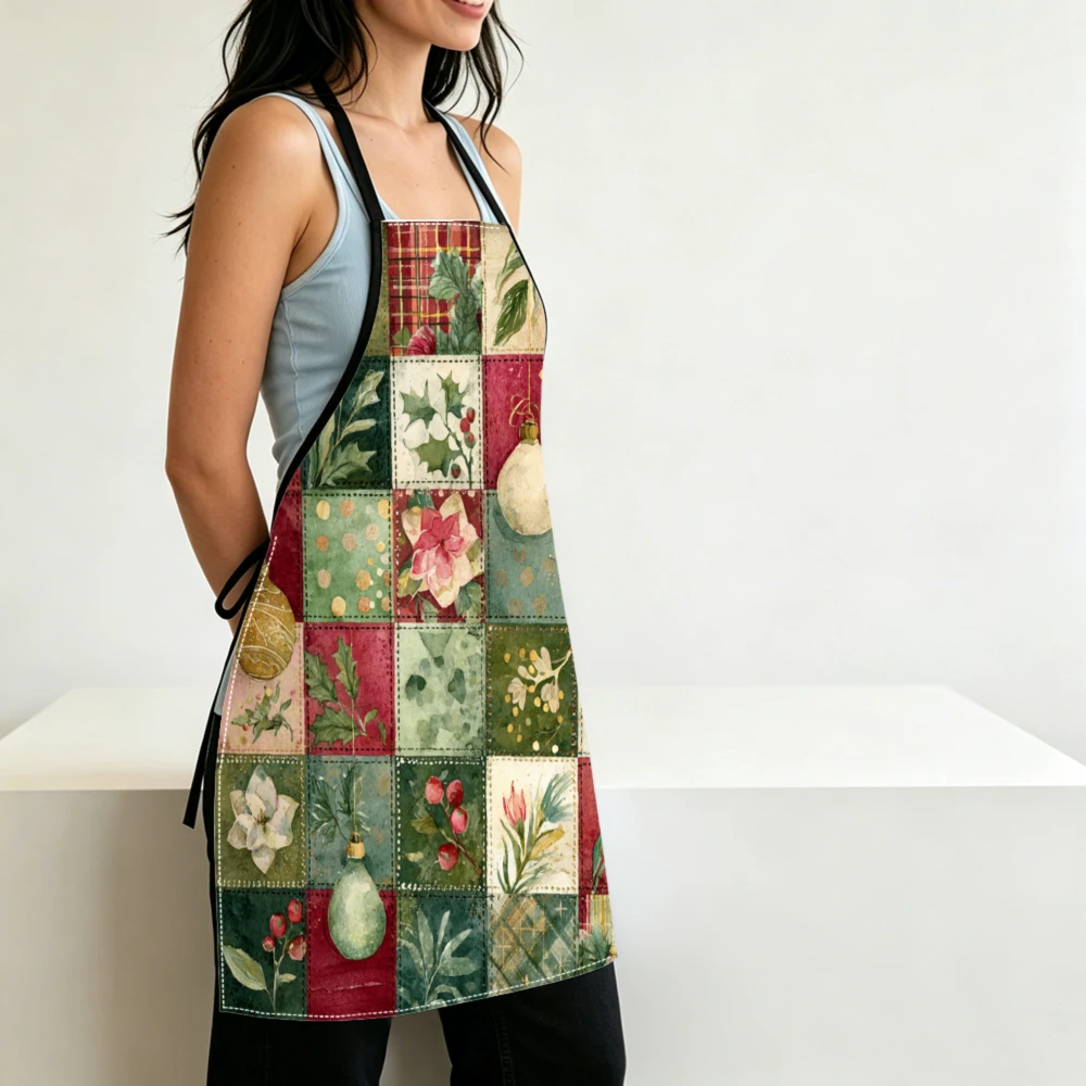 Vintage Patchwork Floral Christmas Ornament Print Adjustable Kitchen Apron Cooking Baking Gardening