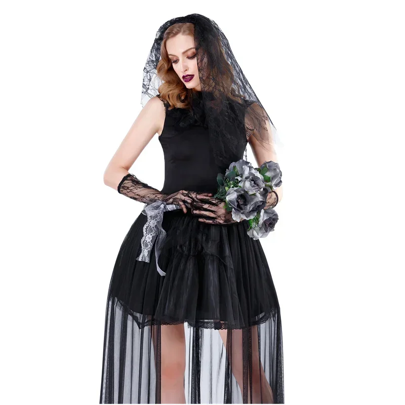 Gothic Dead Zombie Vampire Cadavere Fantasma Sposa Abito in pizzo nero Donna Costume cosplay di Halloween Incubo Spaventoso vestito operato