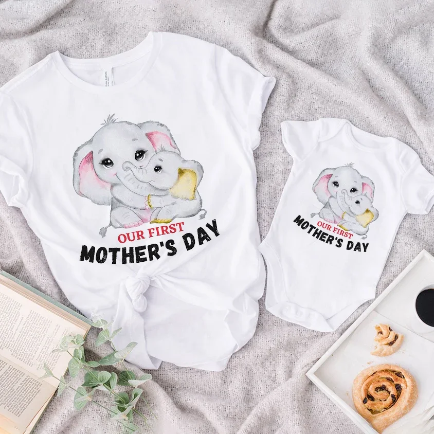 Mother's Day Family Matching Outfits Mommy and Baby Matching Clothes Elephant Print Tshirt Baby Romper Mother's Day Family Look