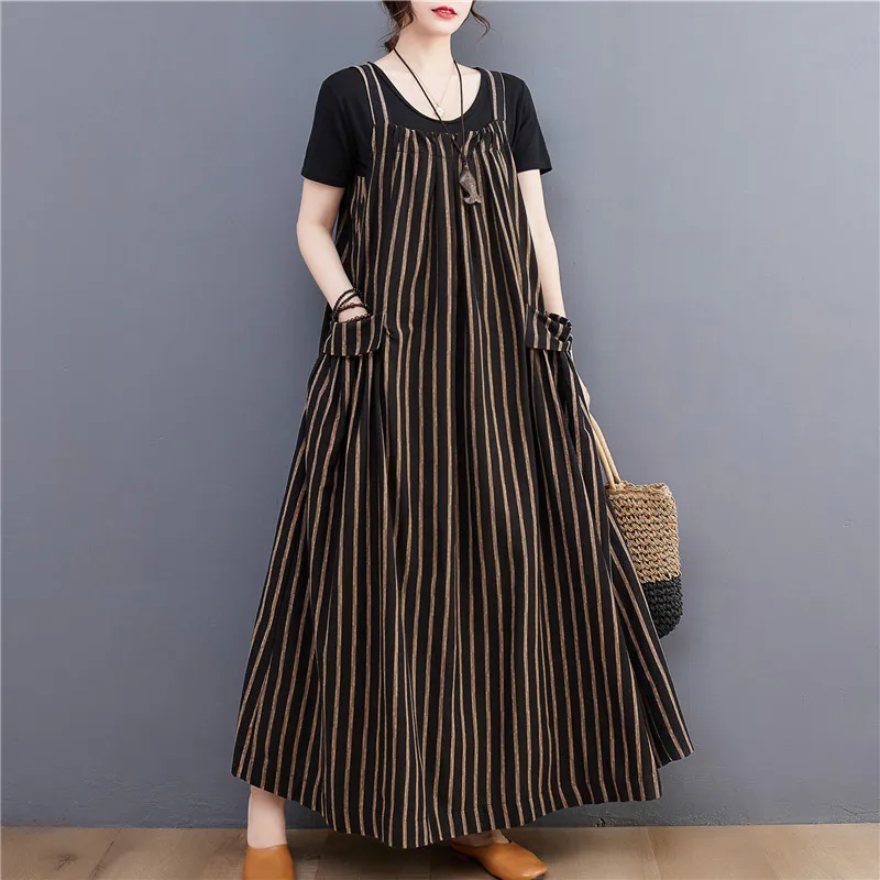 

Summer Vintage Vertrical Striped Loose Pockets Cotton Dress Women Sleeveless Spaghetti Strap Casual Ankle-length A-line Dresses