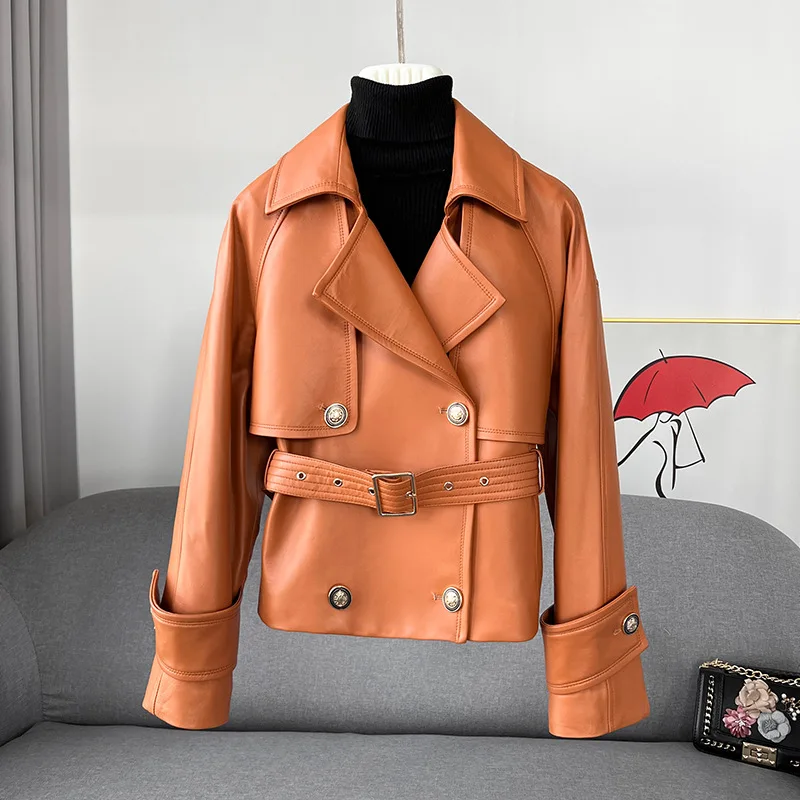 

2024 New First Layer Sheepskin Jackets Women Fashion Double Breasted Belt Female Loose Real Leather Motorcycle Jackets Coats