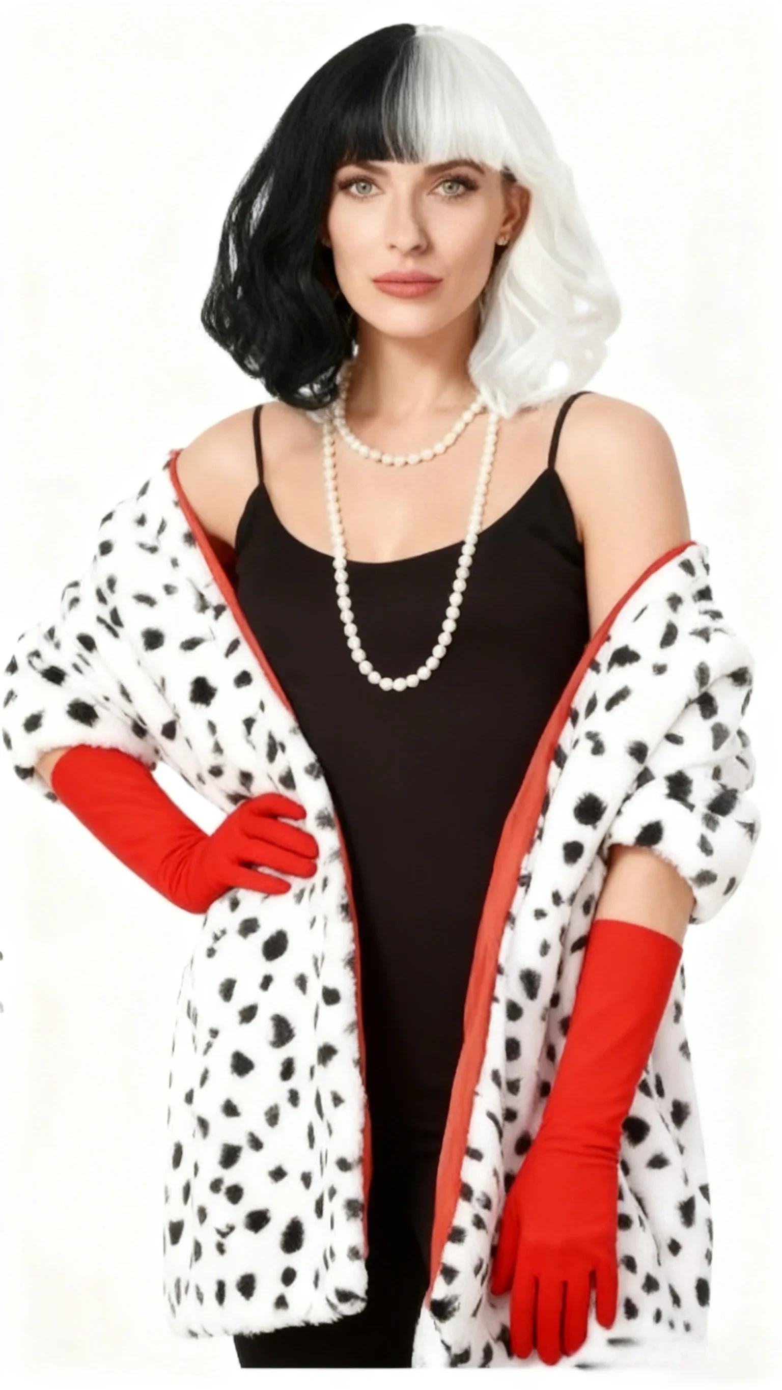 

Women Cruella Deville Costume Accessories Spotted Dog Shawl Cloak Dalmatian Cloak Wig Glove Necklace Party Role-playing Costume