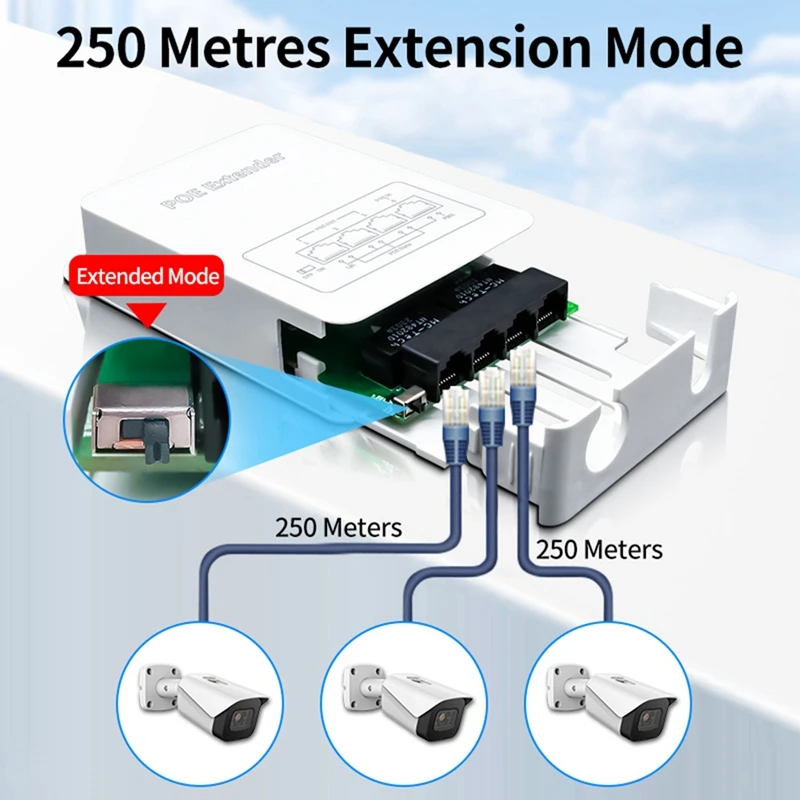 4 Port POE Extender 100M Outdoor Rainproof Network POE Repeater IP30 VLAN 44-57V 30W For POE Camera Wireless AP Easy Install