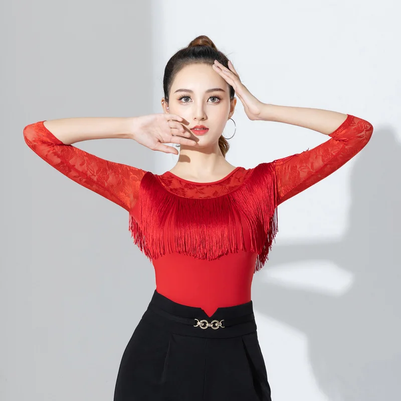 

Fashion Sexy Lace Neck Fringe Design Women Latin Dance Tops Tassel Latin Dancing Dress Cloth Tango Chacha Dancing Performamnce