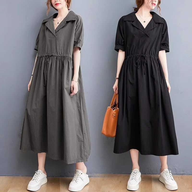 فستان فني فضفاض بأكمام قصيرة مقاس كبير للنساء بدلة صيفية بياقة تصميم برباط الخصر ملابس عمل عصرية W188