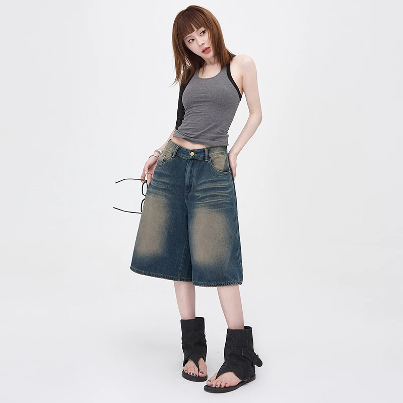 

CHIC High Street Korean Vintage Washed Women Denim Shorts Jeans American Girls Wide Leg Pants European Bottom Short Trousers