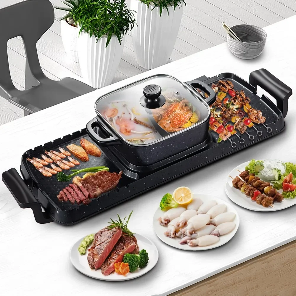 BENTISM 2 in 1 Electric BBQ Pan Grill Hot Pot Portable Hot Pot BBQ Grill 2400W