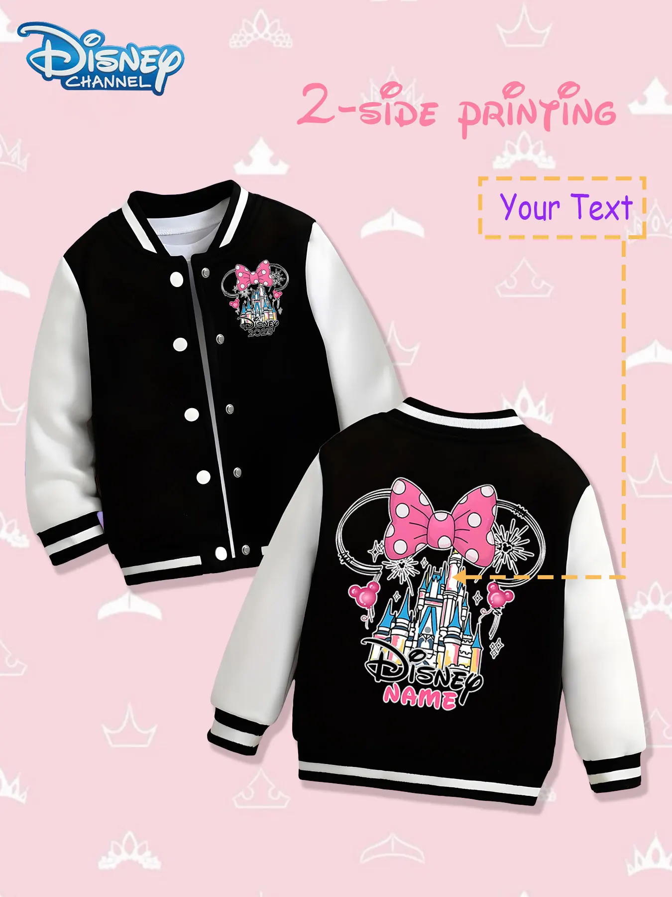 

MINISO Disney Minnie Castle Children's Baseball Jacket - Double-sided print of Minnie's bow and castle, sweet and dreamy pink, w