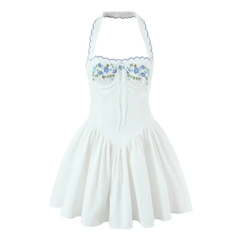 

Beauty Women Fashion Sweet Floral Embroidery Chic Backless A-line Mini Dress Elegant Square Collar Short Party Dresses