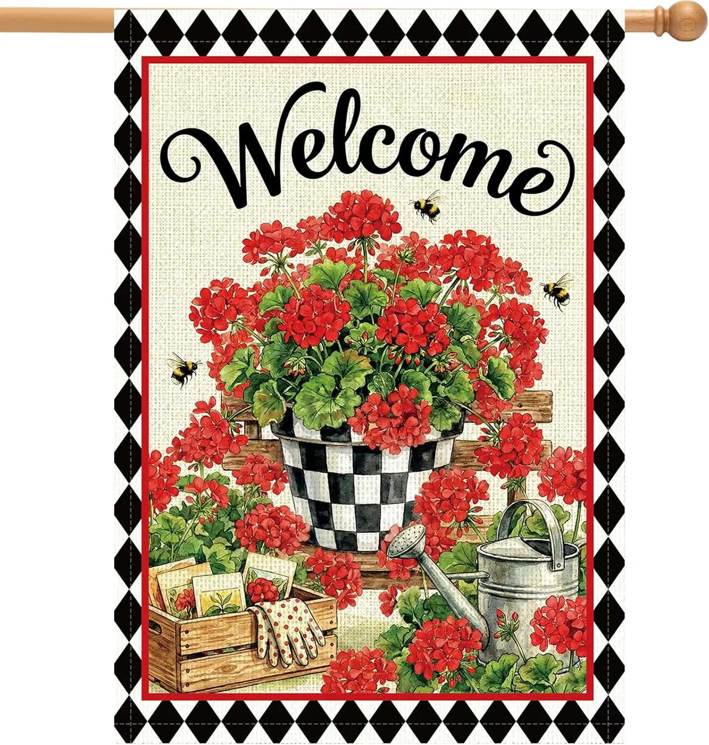Spring Summer House Flag Decorations - Welcome Geranium Black White Check Decorative Flag for Outside 28 X 40 Inche, Double  ZZM