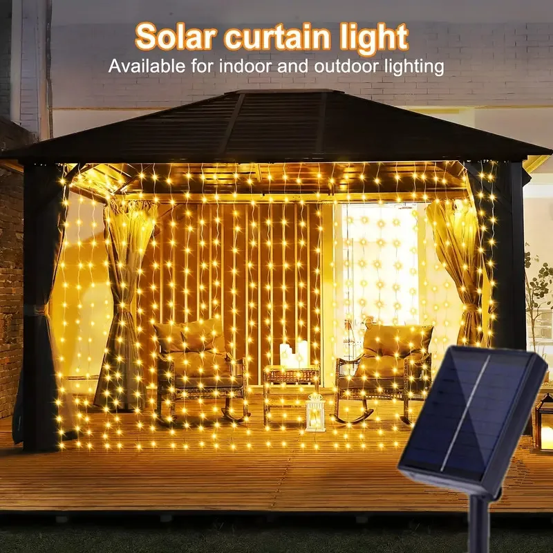 Solar Power Curtain String Lights 8 Lighting Modes Great for Wedding Garden Party Pergola Decoration Outdoor Christmas Lighting