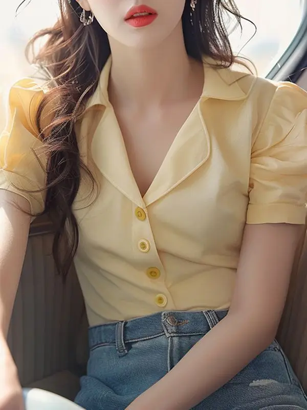 Französische Bluse mit Blasenärmeln für Damen, neues Sommer-Chic-Chiffon-Top