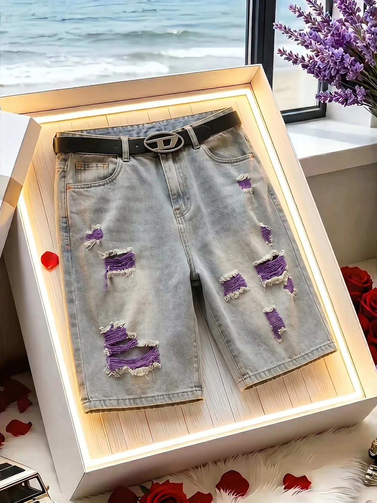 American Style Men's Ripped Denim Shorts Summer Design Sensation Small Audience Color Collision Washed Straight Leg Five-Quar...