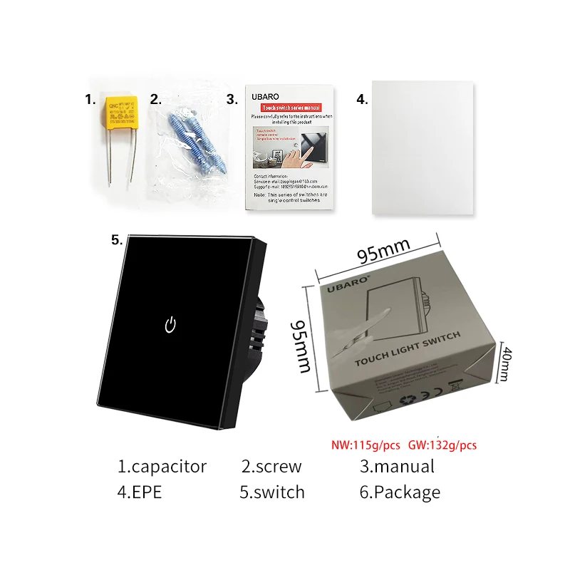 UBARO EU/UK Light Switch Crystal Glass Panel Light Wall Touch Switch Electrical Sensor LED Indicator 1 Gang 1 Way 220V Switch