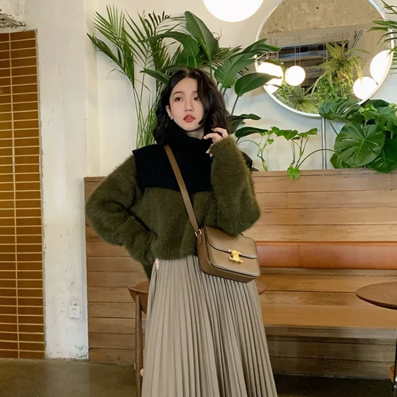 

Mink Velvet Women's Spliced pullover Round Neck Fashionable Solid Color Loose and Versatile Casual Long-sleeved Knitted Top