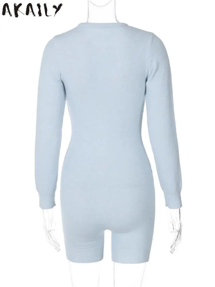 Akaily Winter neue Langarm Reiß verschluss Stram pler lässig Urlaub für Frauen blau Bodycon gestrickte Overall Damen solide Active wear