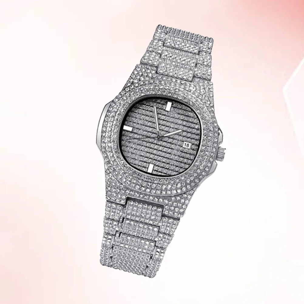 

Elegant Zircon Rhinestone Quartz Wrist Watch for Men Silver Tone Bracelet Watch Trendy Design Reliable Movement Great Gift