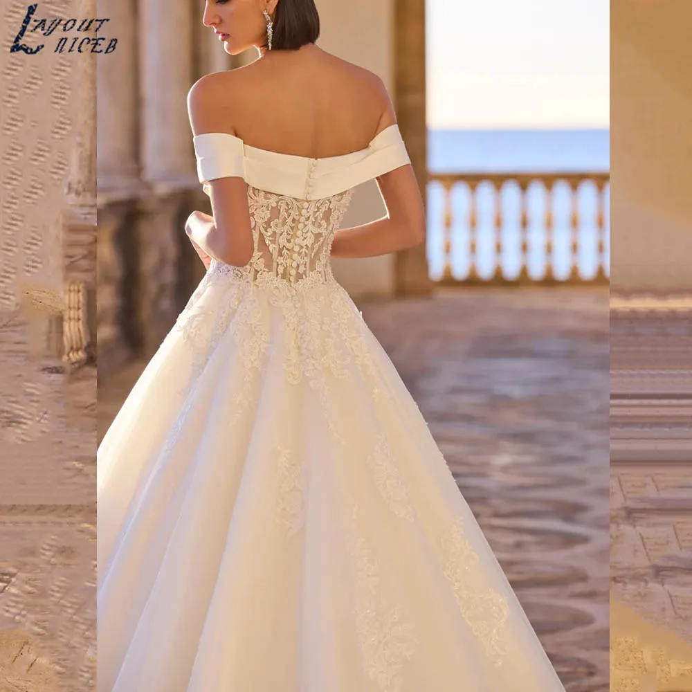 Suknia ślubna o klasycznym kroju, z odkrytymi ramionami, w kształcie litery A, z odkrytymi plecami, aplikacjami, wykwintna suknia dla panny młodej, dekolt w serduszko, tiulowa vestidos de novia, możliwość personalizacji.