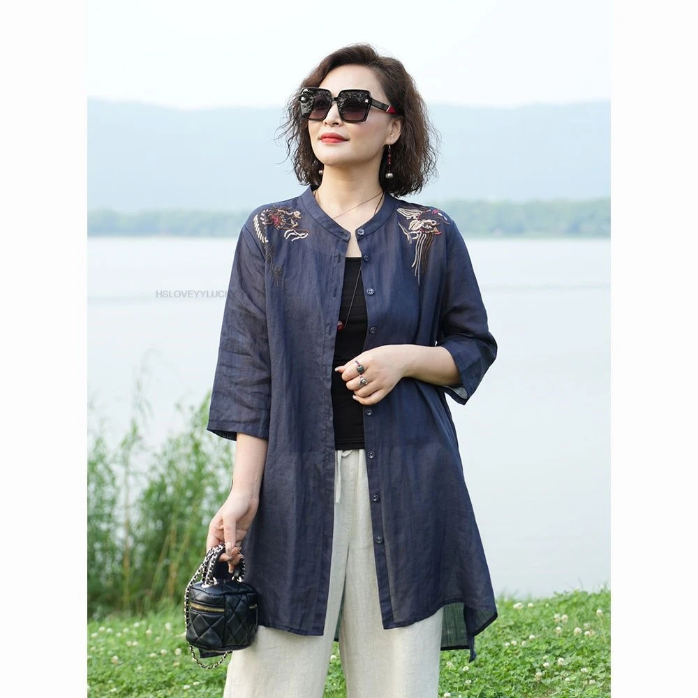 

Chinese Top Women Daily blouseWomen's Long-sleeve Shirt With Artistic Retro Embroidery Cotton And Linen Sunproof Cardigan Coat