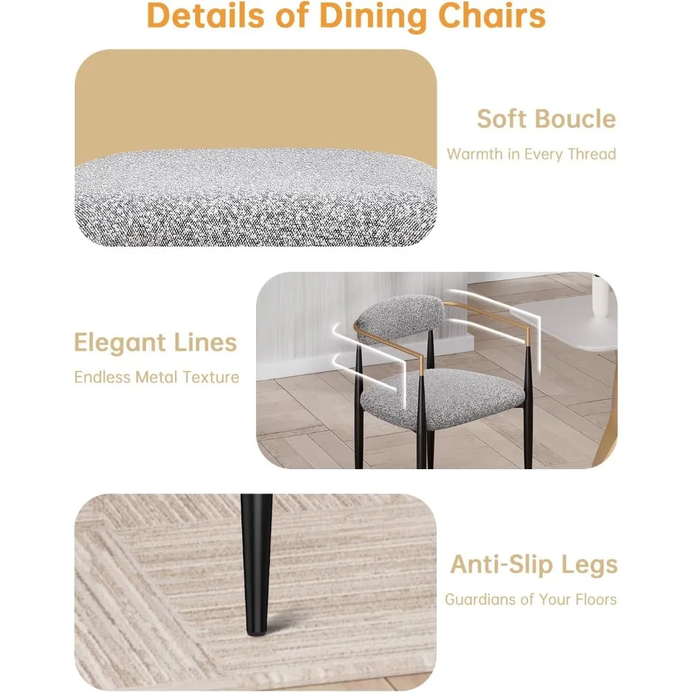 Modern Boucle Dining Chairs with Upholstered Backrest | Grey Arm Chairs Set of 2 for Kitchen, Reception, Living Room Use