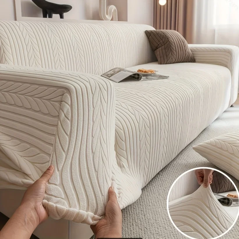 Thickened Jacquard Velvet Sofa Cover Solid Color Anti Slip Sofa Slipcover with Elastic Band Autumn Winter Fleece Couch Protector