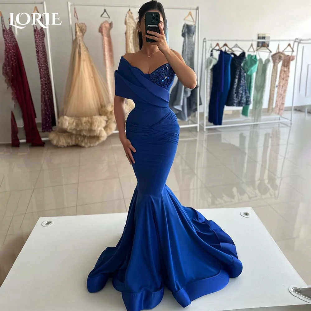 LORIE-Um ombro sereia vestidos de noite, vestidos de baile, espartilho, azul royal, brilhante, clivados vestidos de festa, vestido clube, 2024