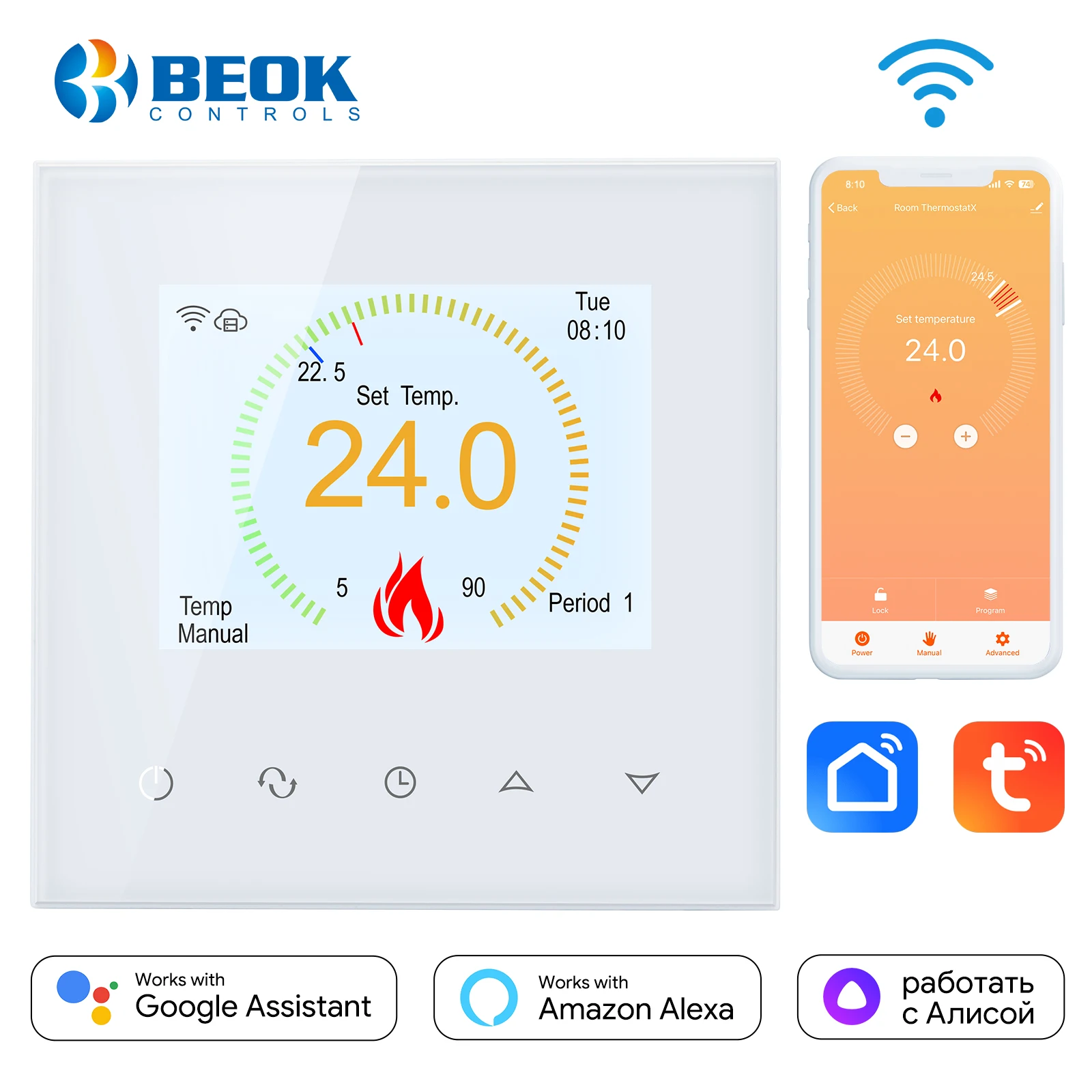 Termostato Inteligente Beok-WiFi com Tela Colorida, Termorregulador Tuya, Caldeira a Gás, Aquecimento Elétrico, Controlador de Temperatura, Alexa,