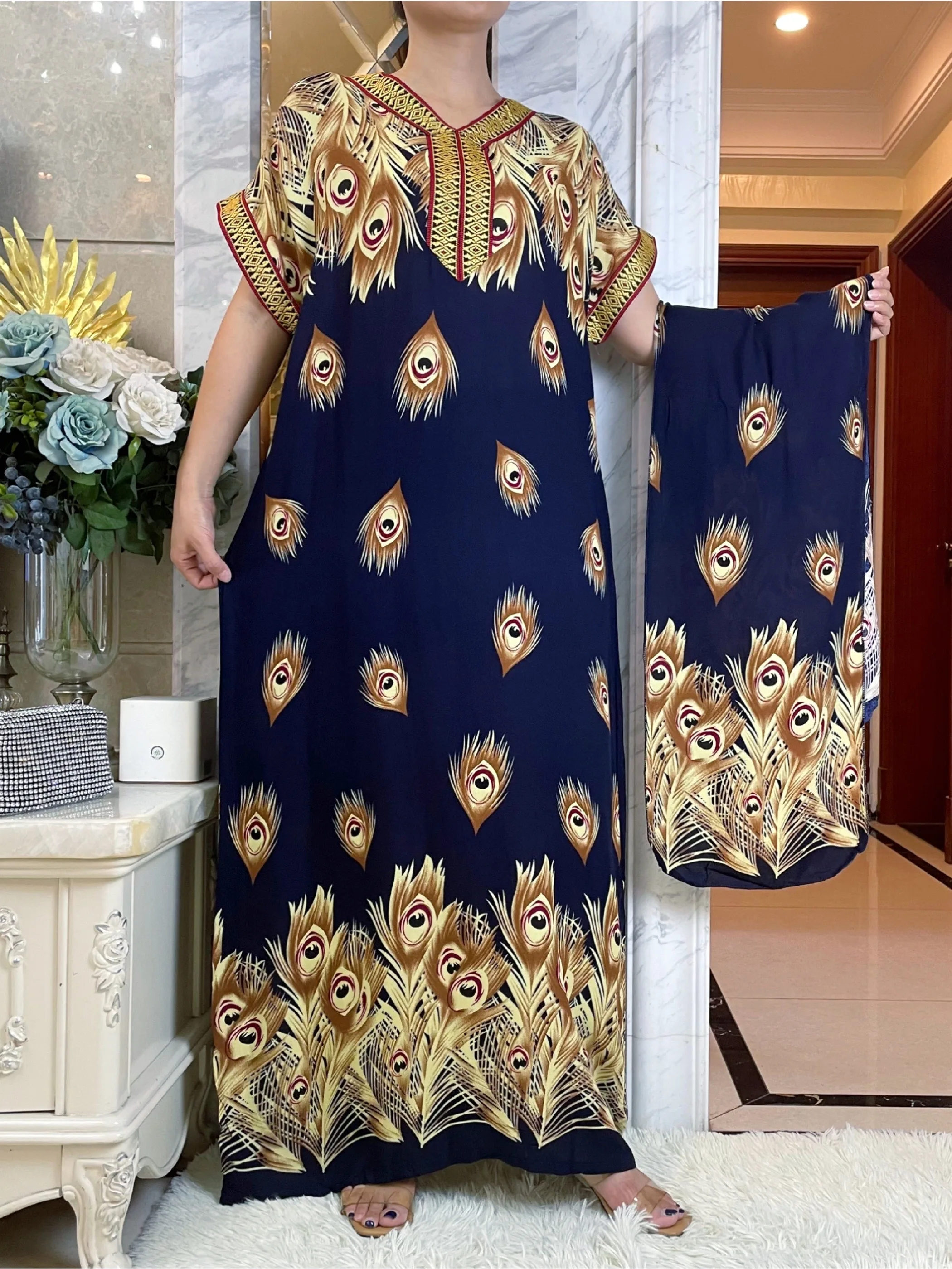 

2023Dubai Abaya Printing Short Sleeve Dress Arab High Cotton Grade Comfortable Fabric Women Muslim Kaftan Turkish Gown Summer