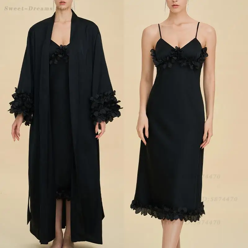 

Элитный комплект женской одежды для сна: длинная ночная сорочка и халат из сатина для дома и отдыха, весна-лето, элегантные утренние халаты, ночное белье