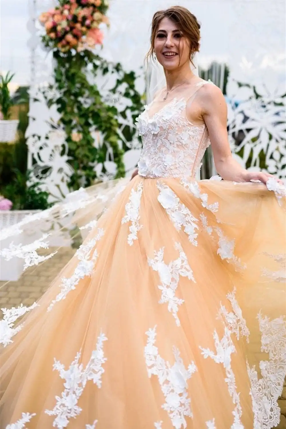 Nuevos Vestidos De novia color champán 2025 transparente con cuello en V Apliques De encaje flores Vestidos De novia bata Mariage Vestidos De novia