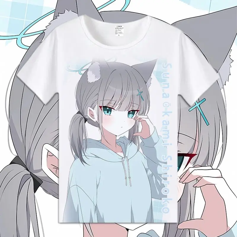 Game Blue Archive Sunaōkami Shiroko  Anime Fashion White Short Sleeve T-shirt Summer Top Male and female students clothes