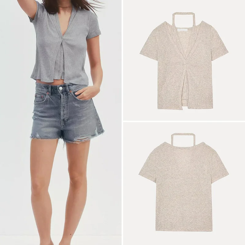 

Z Women's Comfortable Faionable Double Layer V-Ne ort Sve T-irt Casual Sle Summer New Arrival 564407