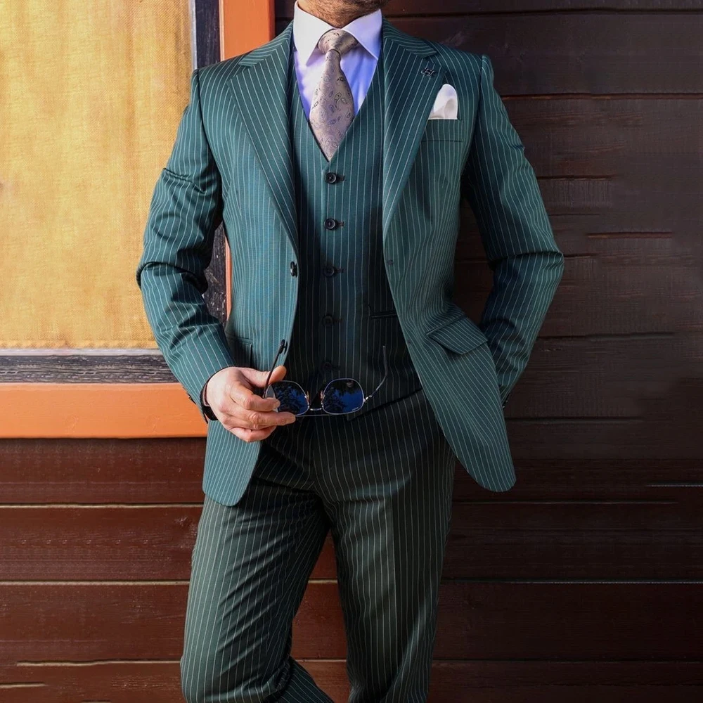 

High-end Pinstripe Men's Suits Luxury Single Breatsed Notch Lapel Slim Fit 3 Piece Jacket Pants Vest Full Sets Elegant Blazer