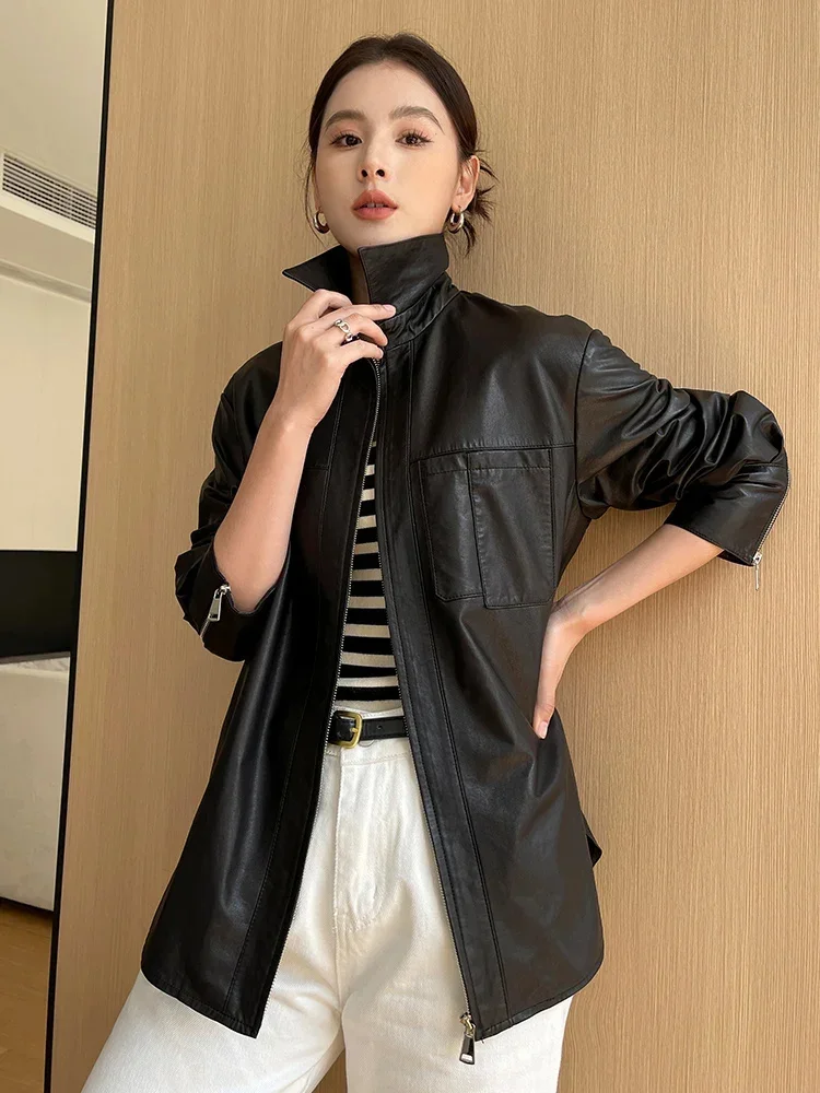 Women\'s Black Sheepskin Coat Spring Autumn 2024 Trend High-end Simple Loose Casual Zipper Genuine Leather Jacket