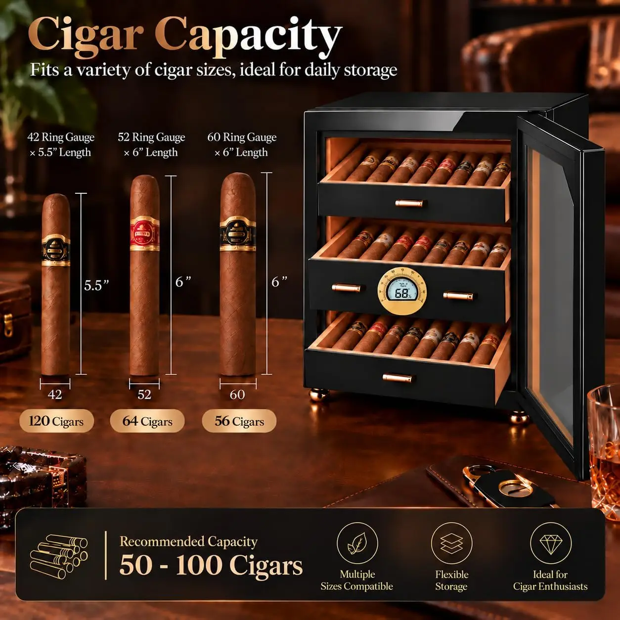 Cigar Humidor Cabinet for 100 Counts with Digital Hygrometer, Crystal Gel Humidifiers, Spanish Cedar Lined Trays & Dividers