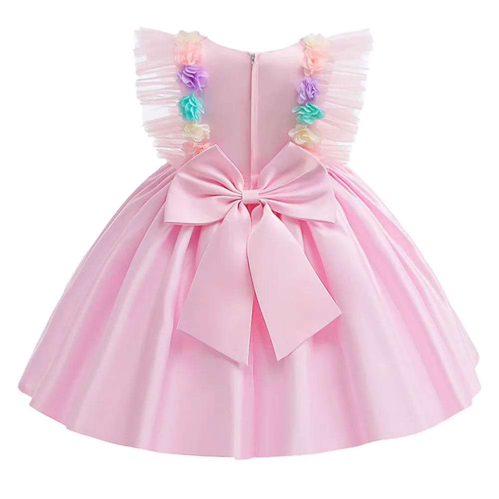 Vestido de baile floral rosa com arco para meninas, vestidos plissados para crianças, festa de carnaval e baile, de 4 a 6 anos