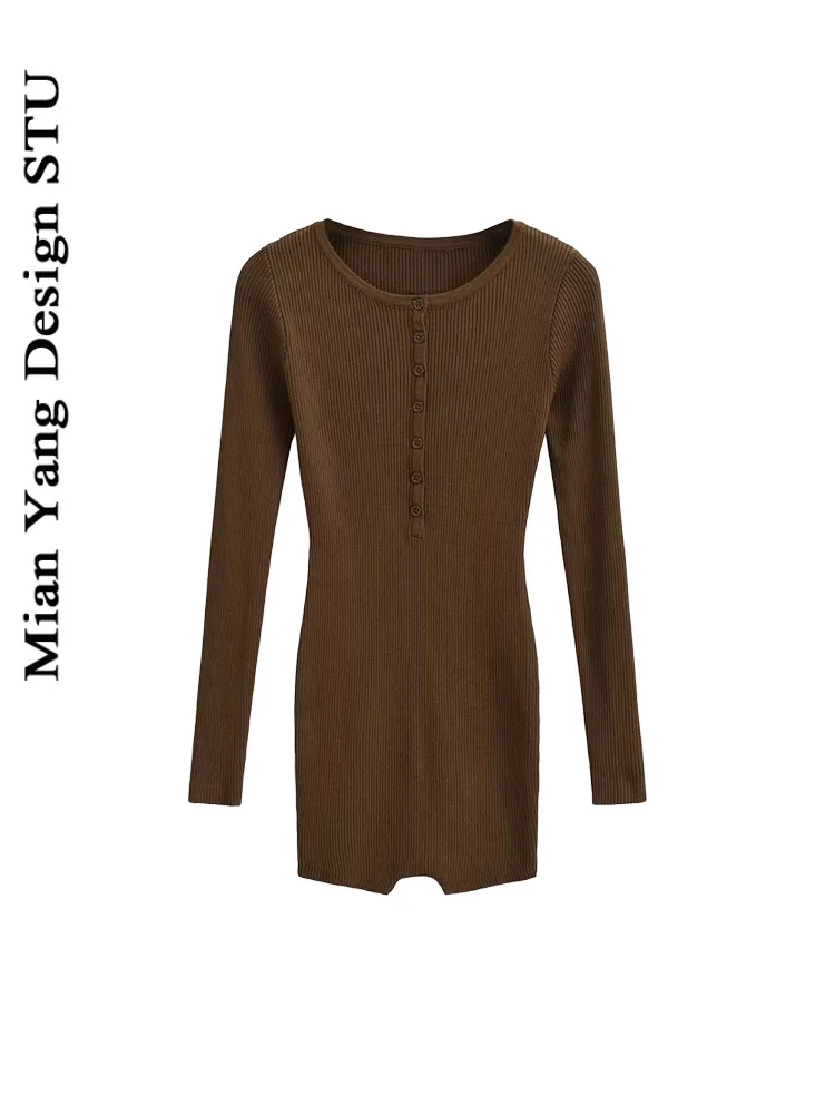 

Retro round Ne Long Sve Knitted Dr orts Women's Personali f Open Button Elastic Knitted Jumpsuit High Waist