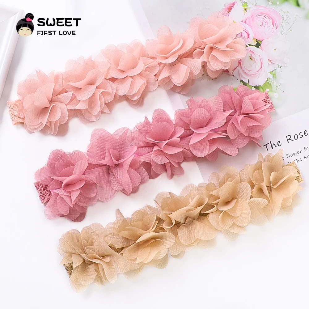 Diadema de flores para bebé, gomas para el pelo de gasa rosa, tocado hecho a mano, accesorios para el cabello para niños, recién nacidos y niños