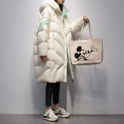 Jaqueta de pato branco com capuz para mulheres, casacos casuais soltos, parkas longos femininos, sobretudo com capuz puffer, nova moda, inverno, 2023