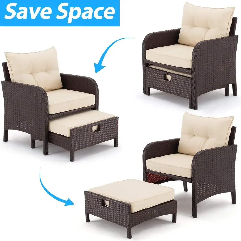 5 Pieces Patio Furniture Set, Outdoor Rattan Chairs with Tempered Glass Coffee Table, Ottomans & Soft Cushions,Wicker Bistro Set