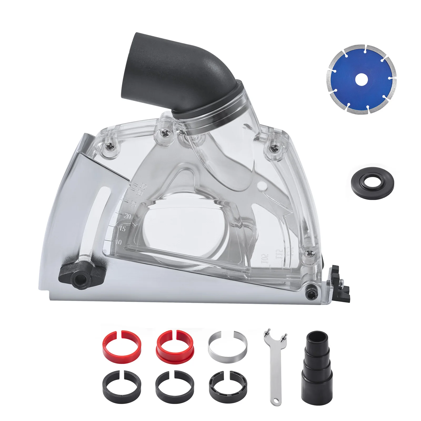 

SucceBuy Cutting Dust Shroud for Angle Grinders Universal 4-5 in Angle with 6 Clamping Washers & 5 in Diamond Grinding Cup Wheel