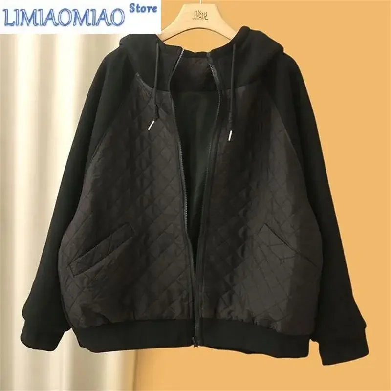 Spring Autumn Women Hooded Sweatershirt Short Cardigan Female Literature Art Casual Loose Diamond Plaid Panel Jacket Top