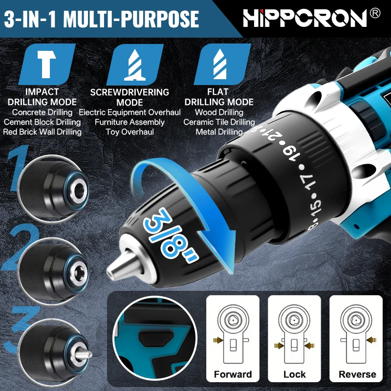Hippcron Cordless Impact Electric Drill Driver Kit 25+3 Torque Setting 3/8