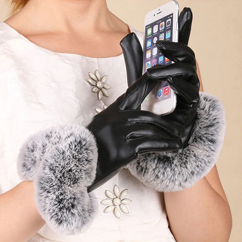 1 Pair Women Winter Warm Gloves Women Lady Black PU Leather Gloves Autumn Winter Warm Rabbit Fur Mittens Warmth Warmer Mittens