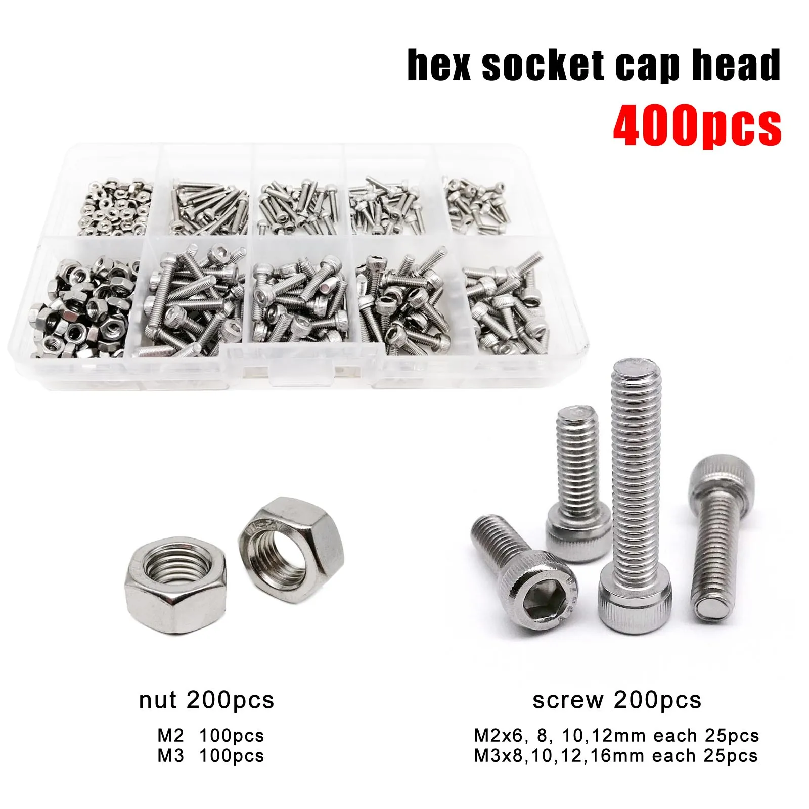 400pcs M2 M3 10 Sizes Allen Hexagon Hex Socket Head Cap Flat Countersunk Screw Bolt Nut Set Mix Kit Box 304 A2 Stainless Steel