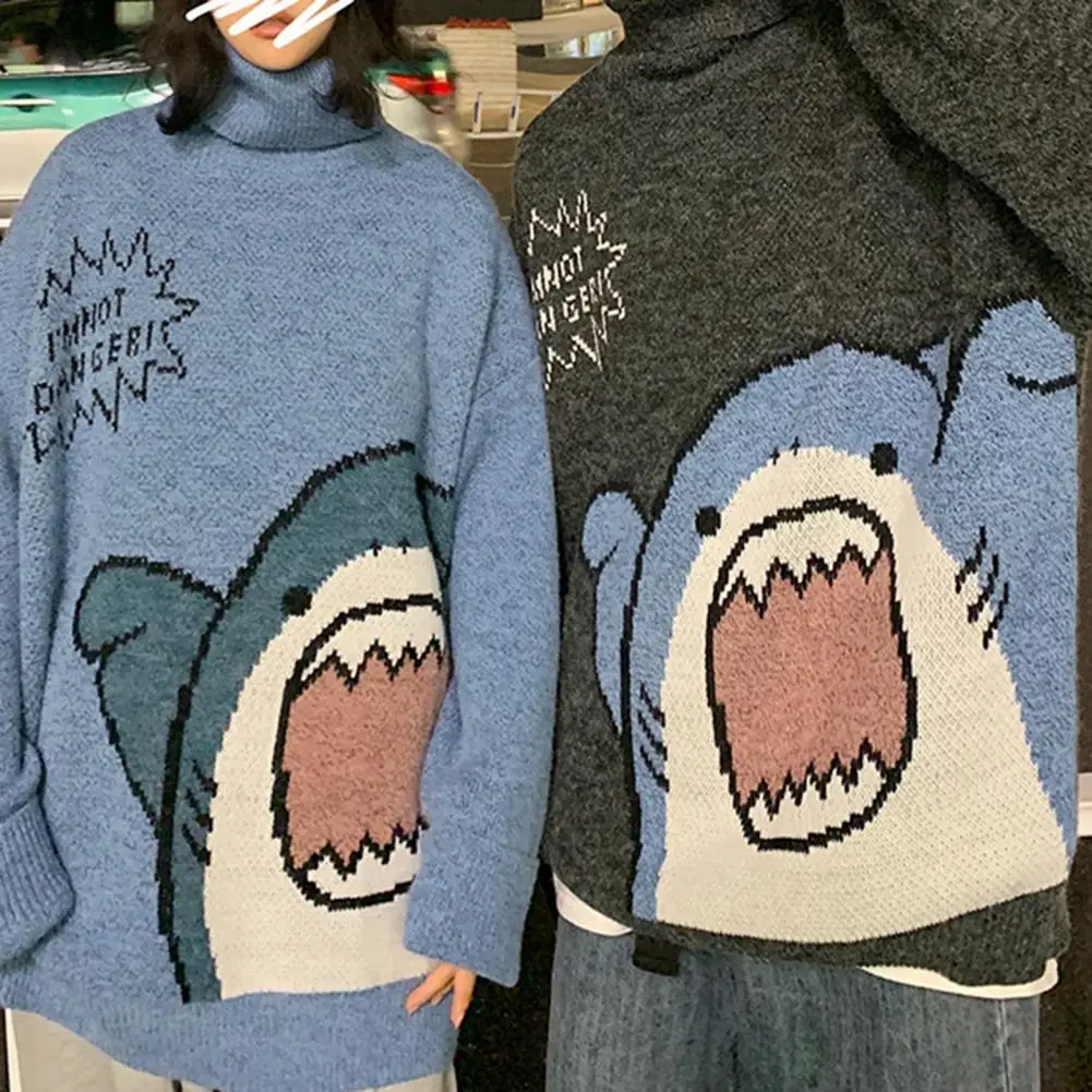 Trendy Winter Sweater Loose Men Winter Sweater High Collar Elastic Cartoon Shark Print Men Winter Sweater  Thermal