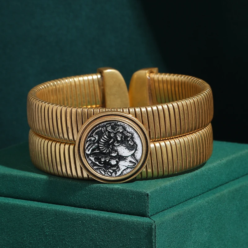 

Antique Gold Plated Bracelets Layered Watch Strip Jewelry Vintage Wide Bangle Ancient Coins Retro Cameo Beauty Head Luxury New